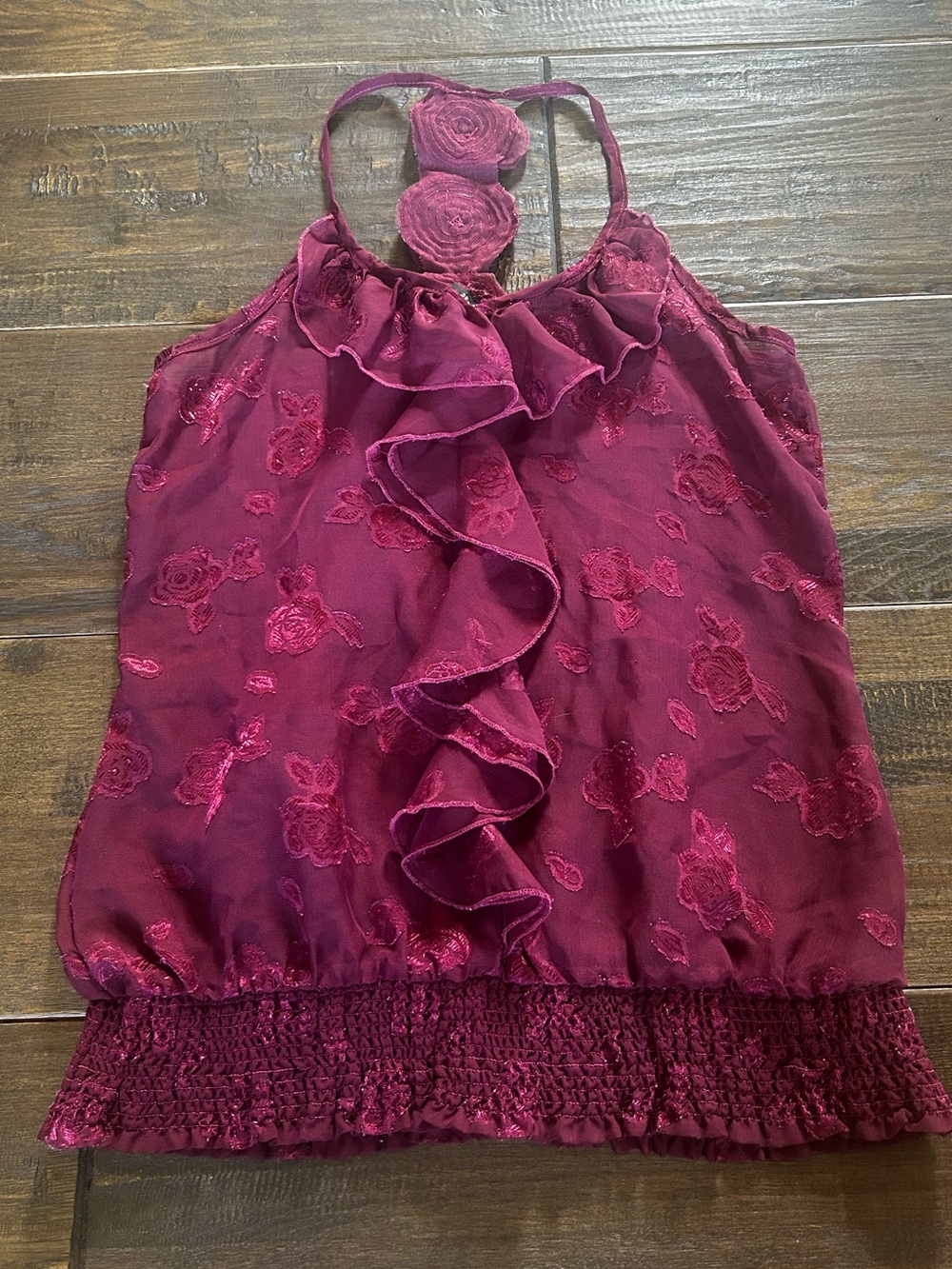 Vanity Burgundy Floral Ruffle Tank Top